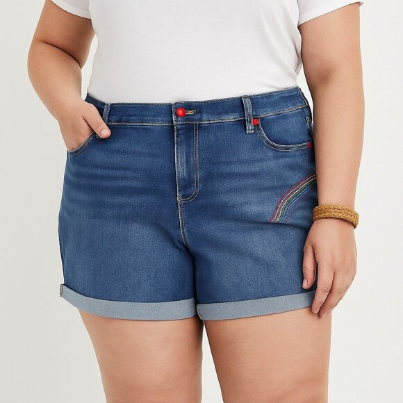 Lane Bryant 24 Boyfriend Midi Denim Shorts Flex Magic Waistband Rainbow Pockets - Picture 1 of 16